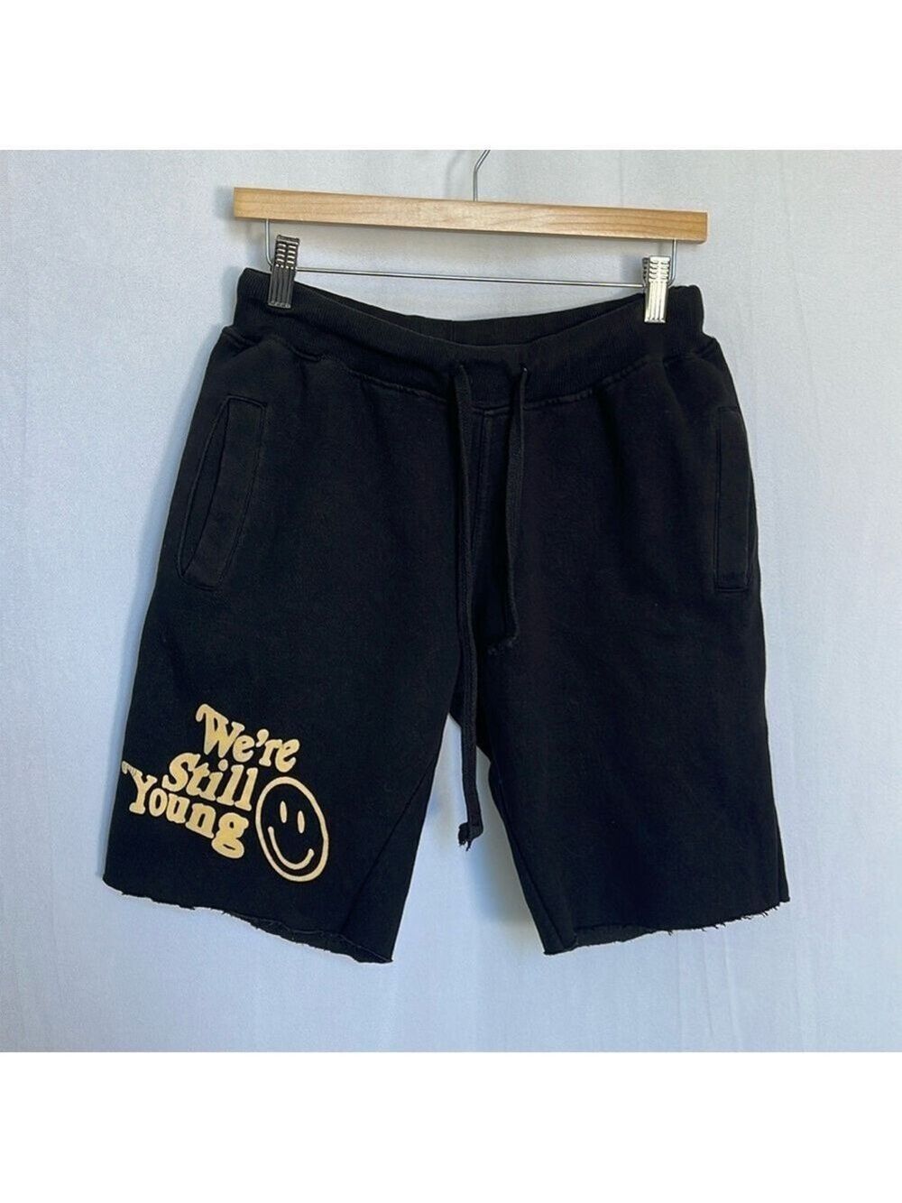 FanJoy “We’re Still Young” Cutoff Sweat Shorts Size S Black Yellow Happy Face